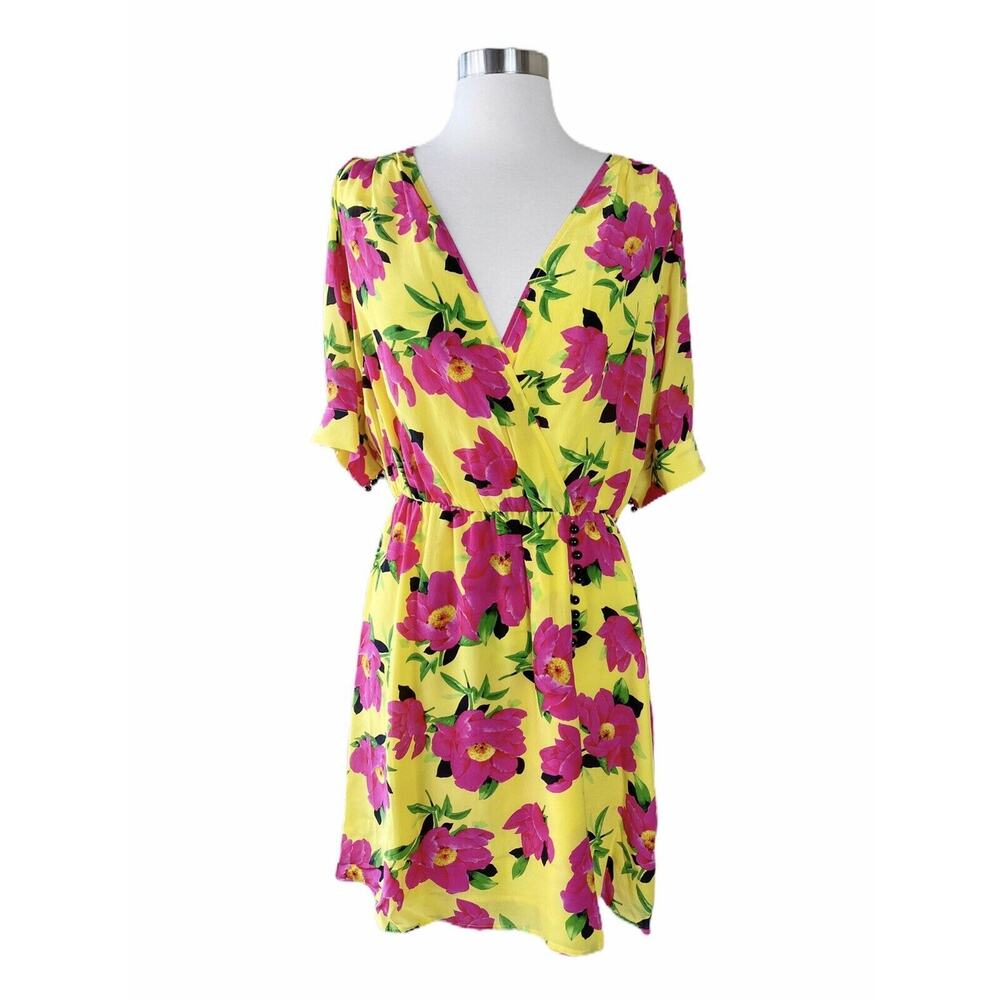 THE KOOPLES Mini Silk Dress Floral V-Neck Pivoine in Love Yellow Short Sleeves M
